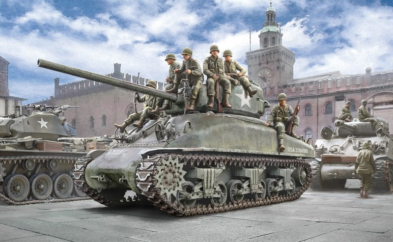 Italeri 6568 box art of an M4A1 Sherman 76mm carrying U.S. infantry through Bologna, Italy, 1945