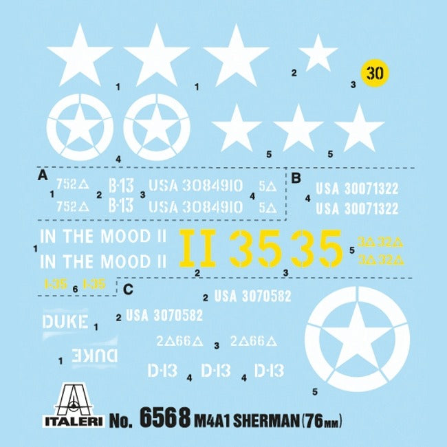 Italeri 6568 M4A1 Sherman 76mm decal sheet with U.S. stars, serial numbers and markings for 3 versions