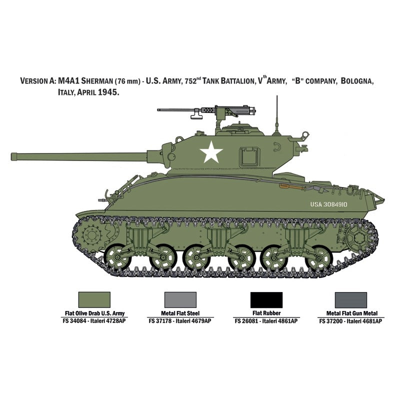 Italeri 6568 M4A1 Sherman 76mm Version A color profile, 752nd Tank Battalion, Bologna, Italy, April 1945