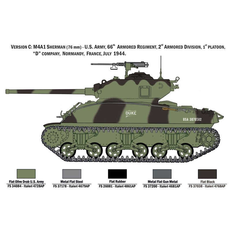 Italeri 6568 M4A1 Sherman 76mm Version C color profile, Duke, 2nd Armored Division, Normandy, July 1944