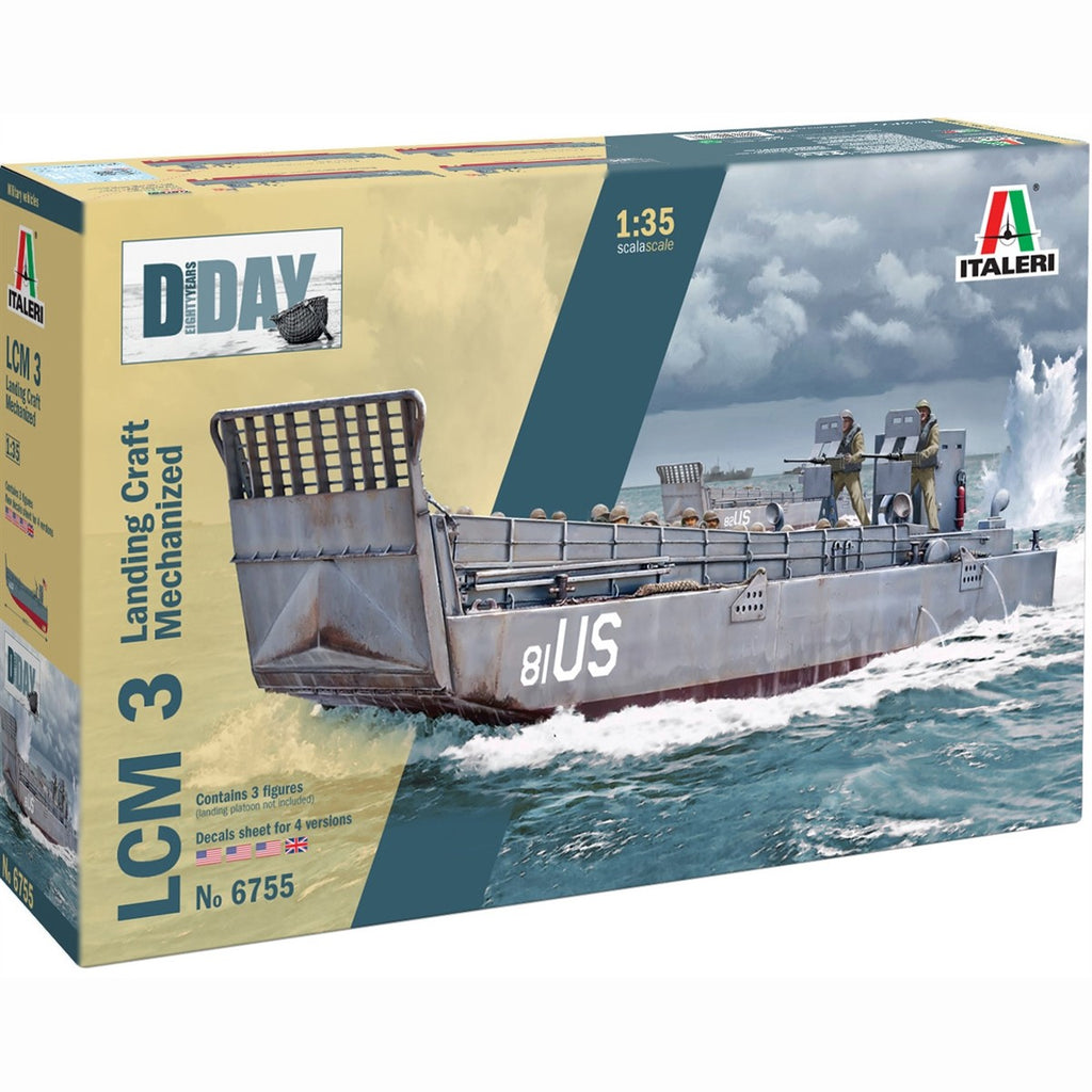 Italeri 6755 LCM 3 Landing Craft Mechanized 1/35 scale plastic model kit box art, D-Day 80 Years edition with gun crew figures