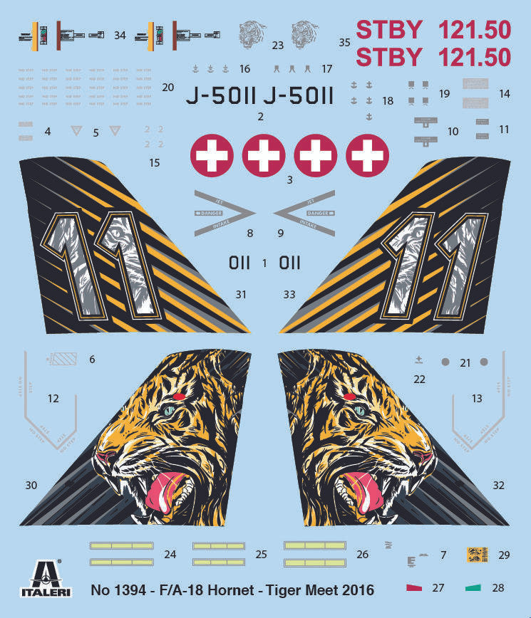 Decal sheet for F/A-18 Hornet with tiger design on a blue background