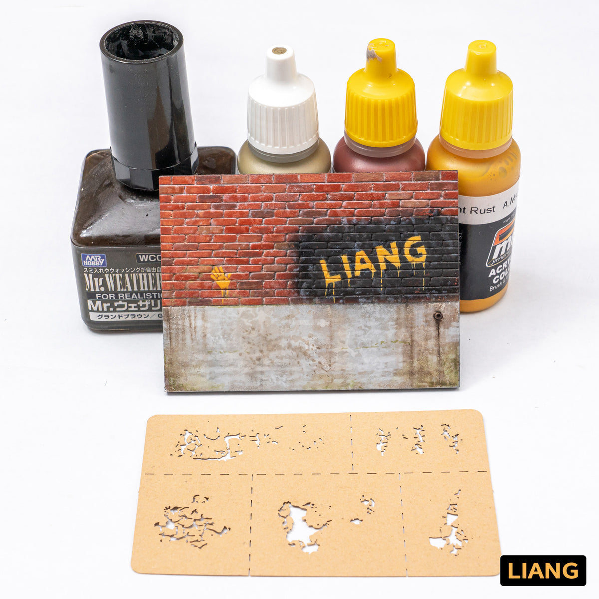 Liang Paint Crack Effects Airbrush Stencils 0008 with scale model weathering example