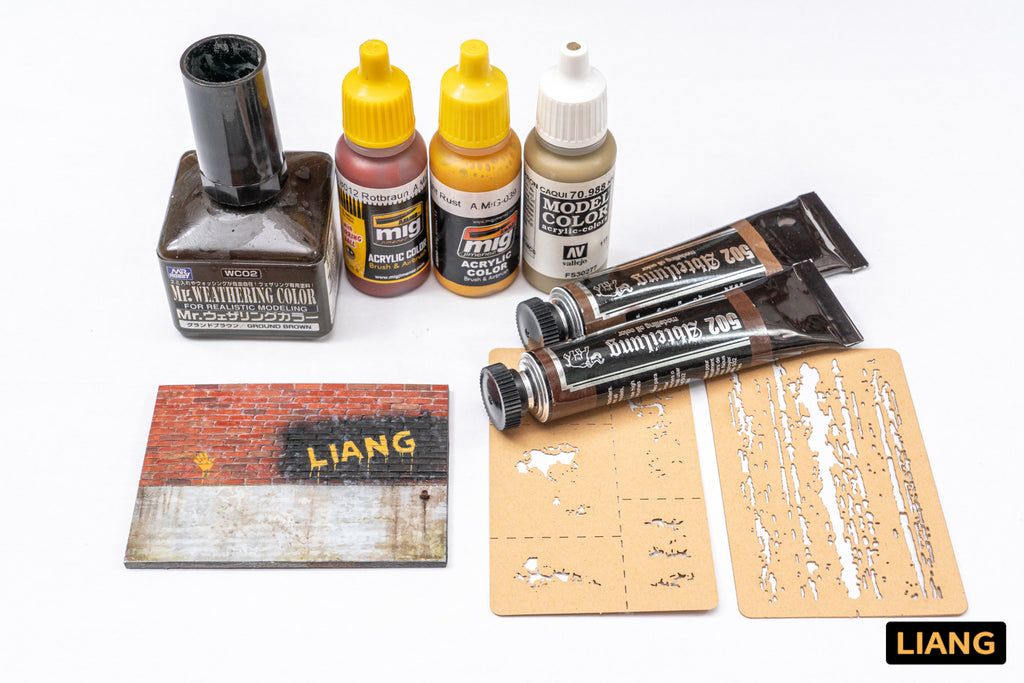 Liang Paint Crack Effects Airbrush Stencils 0008 with paints and weathering products