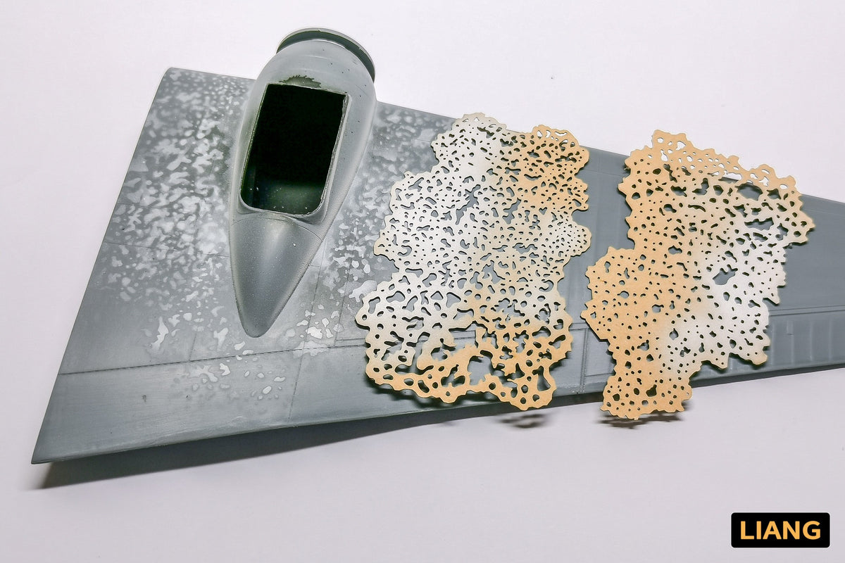 Liang Salt Weathering Airbrush Stencils 0006 used to create salt weathering effects on a scale model aircraft