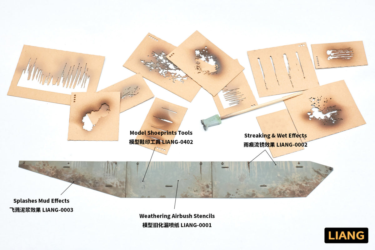Liang Splashes Mud Effects Airbrush Stencils 0003 stencil sheets and airbrush weathering demonstration