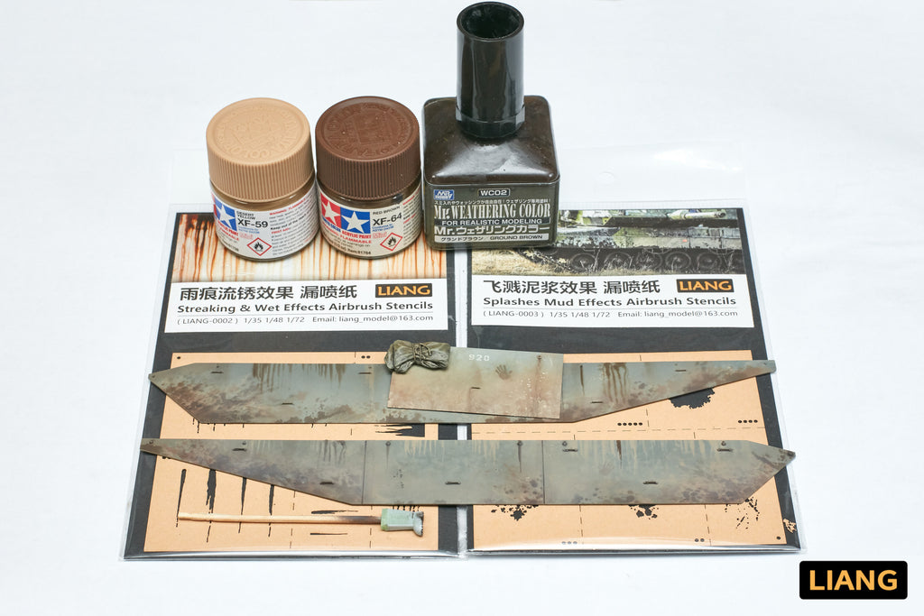Liang Streaking and Wet Effects Airbrush Stencils 0002 used with paints on scale model armor