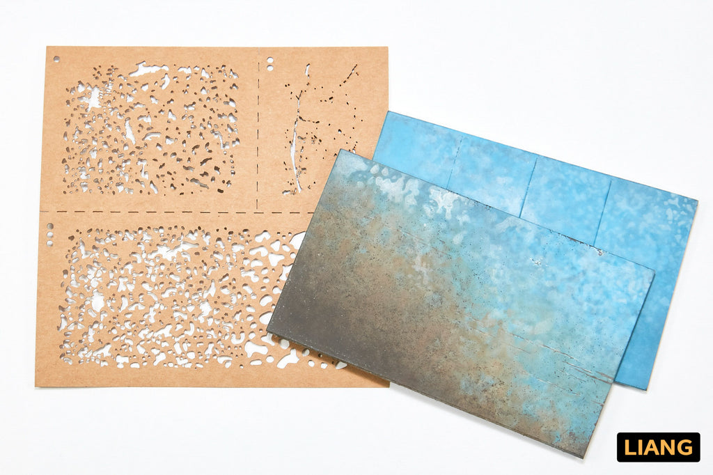 Liang Weathering Airbrush Stencils 0001 stencil sheets and painted weathering samples