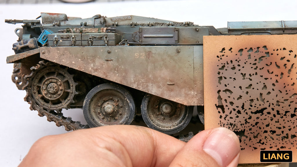 Liang Weathering Airbrush Stencils 0001 applied to a scale model armored vehicle