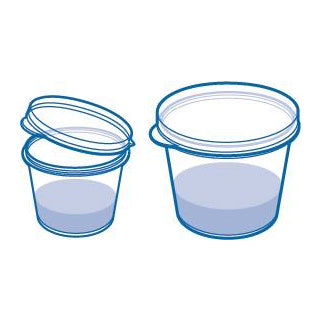 Diagram of Master Tools PP paint cups with locking lids, showing a lidded cup open and closed with mixed paint inside.