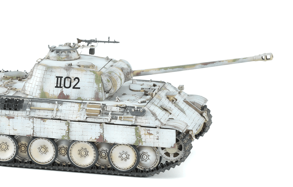 Right-side view of the completed Meng 1:35 Sd.Kfz. 171 Panther Ausf. A Early highlighting the Zimmerit coating, suspension, and side armor
