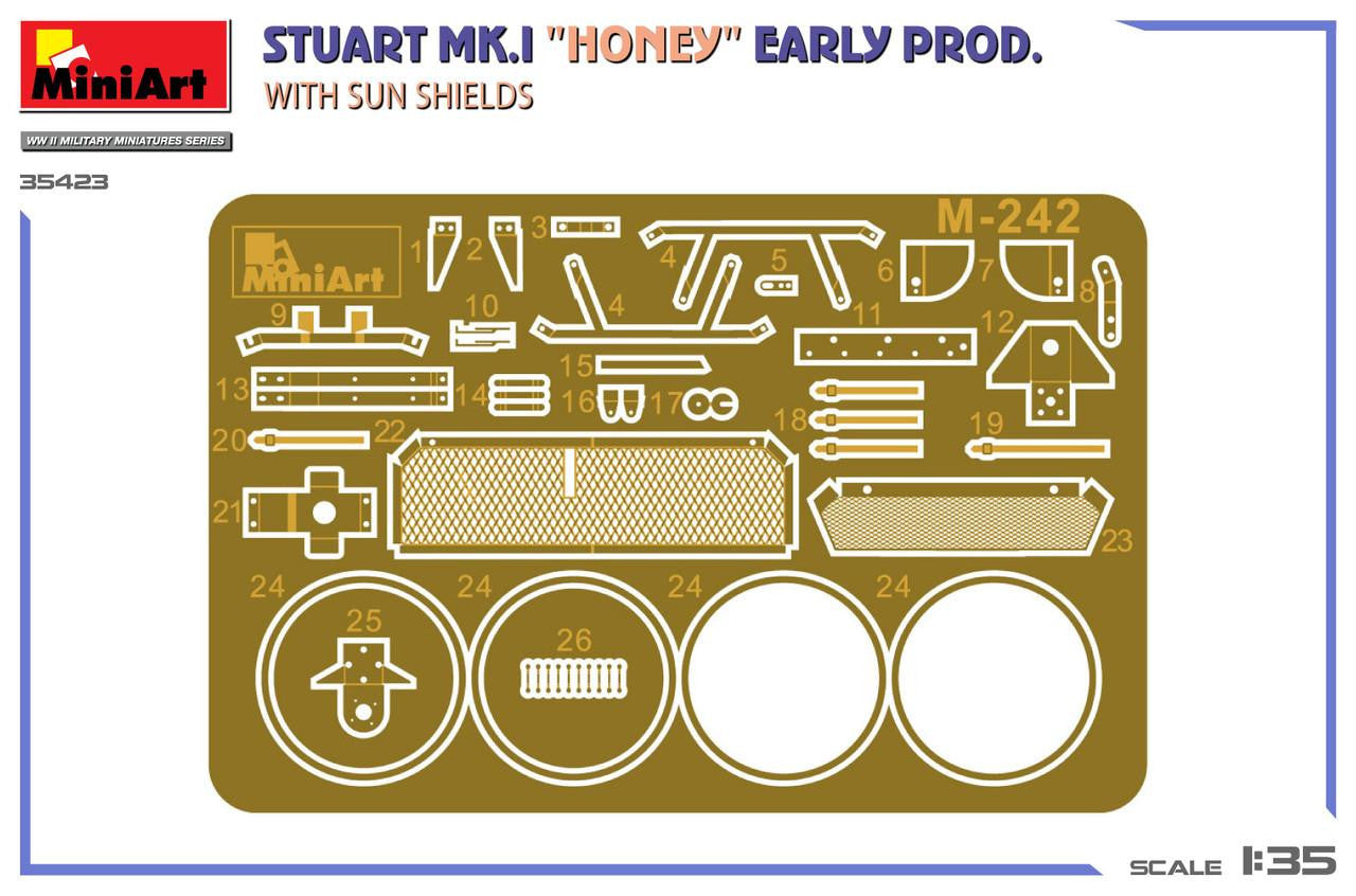 A 1:35 scale model kit photo etch sheet for a Stuart Mk.1 'Honey' Early Prod.