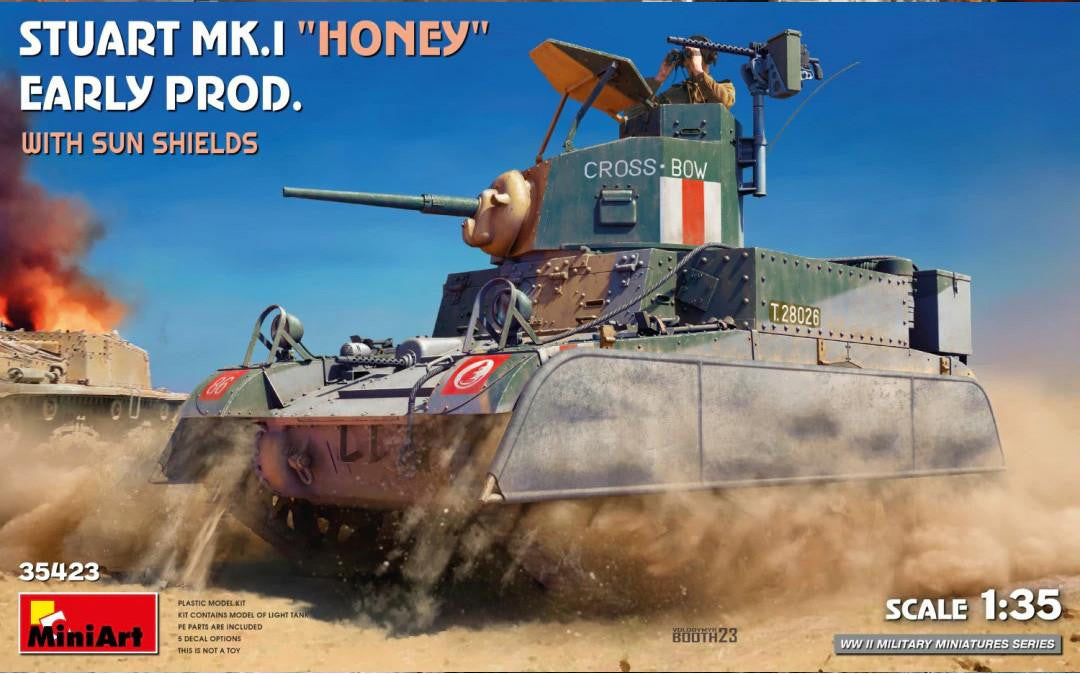 MiniArt 1:35 Stuart Mk.I Honey Early Production with Sun Shields plastic model kit featuring British North Africa desert configuration.