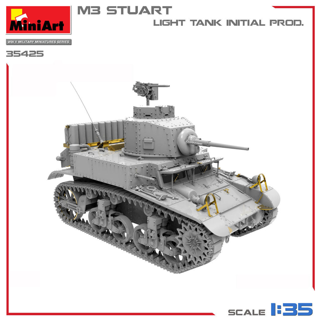 MiniArt 1:35 M3 Stuart Initial Production plastic model kit with photo-etched parts, clear parts, and detailed early WWII light tank features.