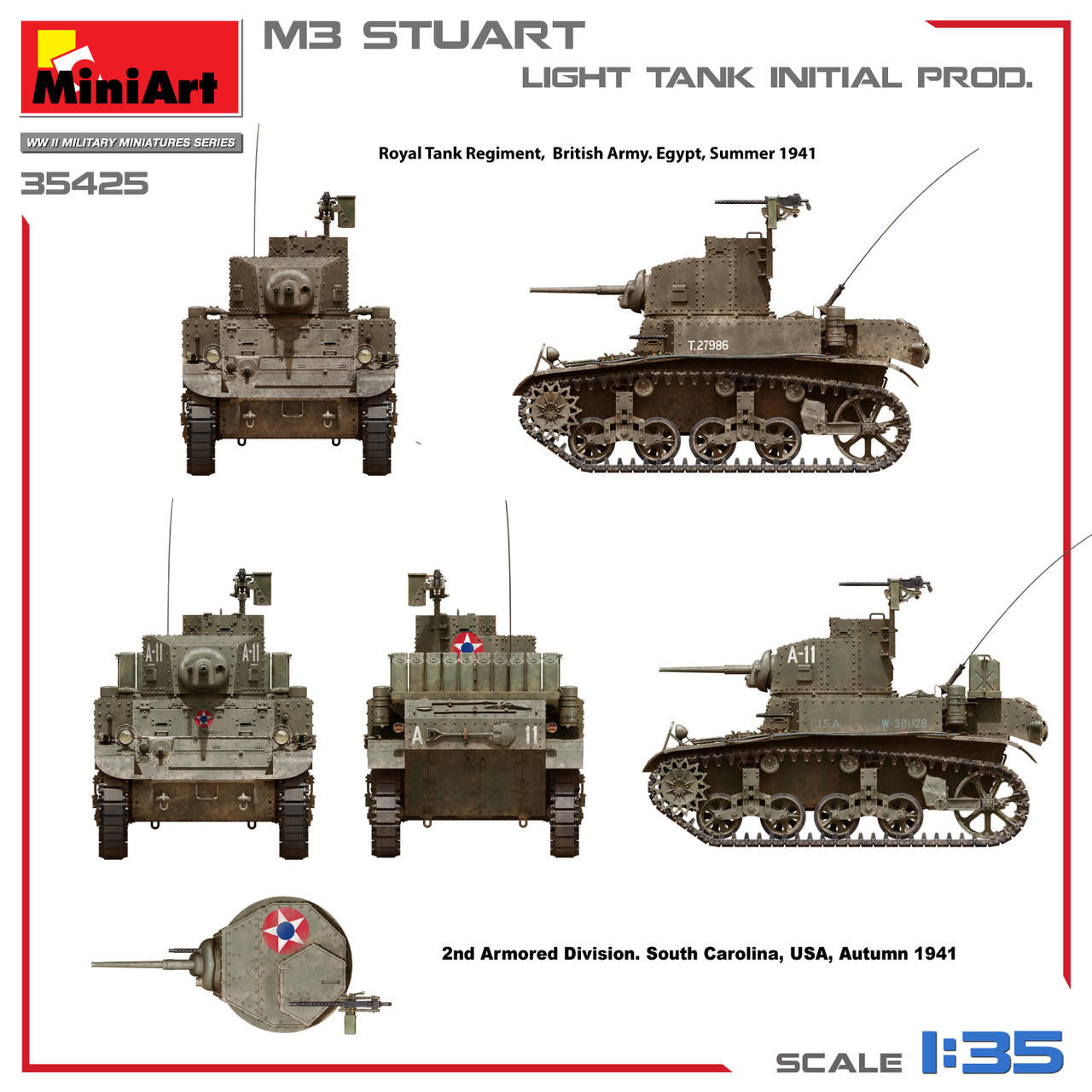 MiniArt M3 Stuart Light Tank Initial Product (35425) scale model kit packaging art, showing multiple views of the 1941 British Royal Tank Regiment vehicle with historical text and a 1:35 scale badge.