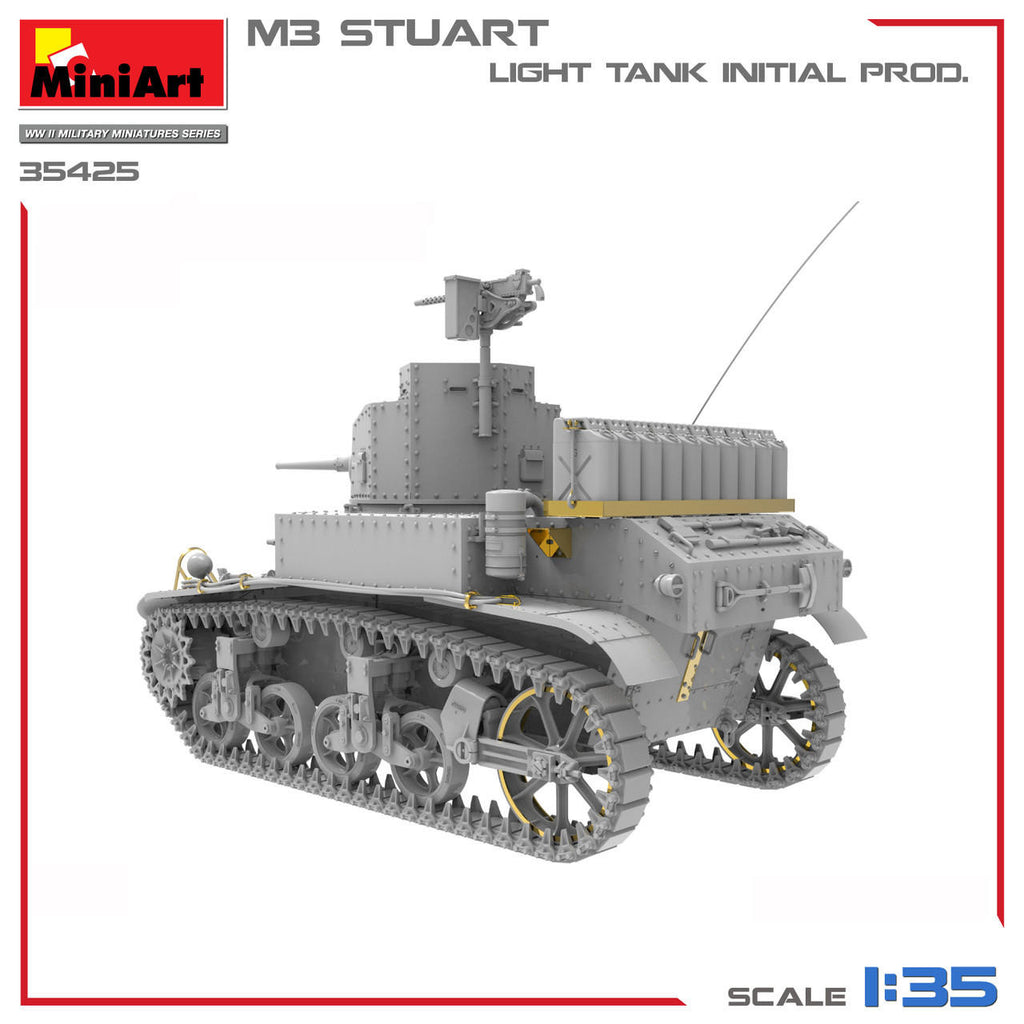 MiniArt M3 Stuart Light Tank Initial Production model kit, scale 1:35, shown as a gray unpainted plastic model on a white background with red borders and product text.