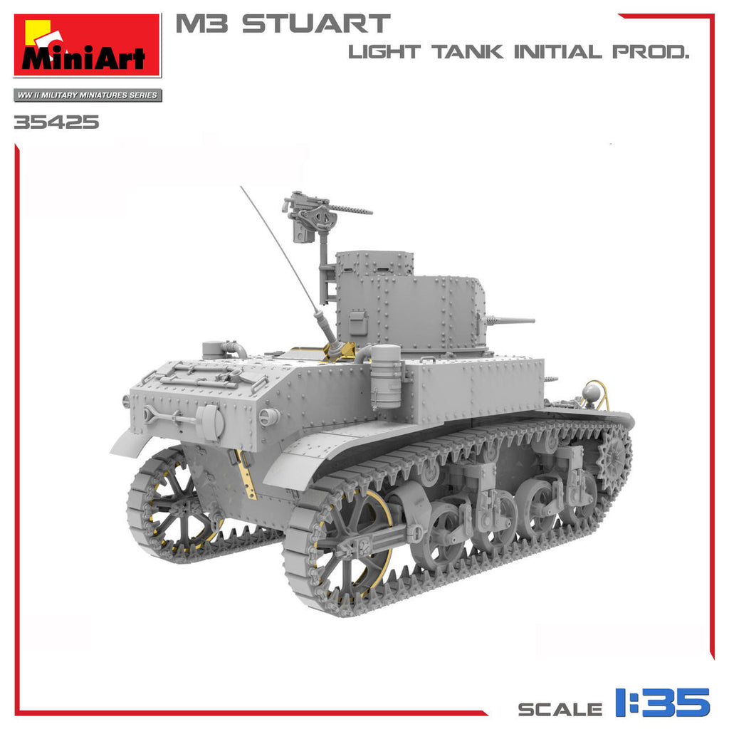 MiniArt M3 Stuart Light Tank Initial Prod. 1:35 scale model kit, shown as a gray unpainted plastic assembly on a white background with red border lines and product text.