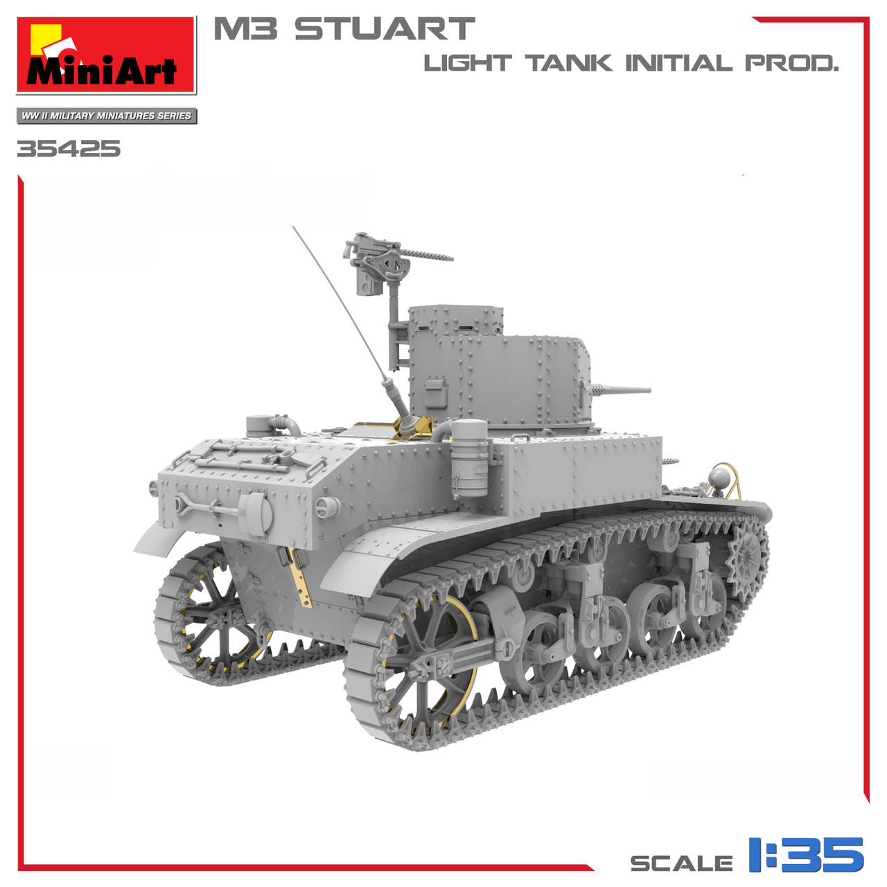 MiniArt M3 Stuart Light Tank Initial Prod. 1:35 scale model kit, shown as a gray unpainted plastic assembly on a white background with red border lines and product text.