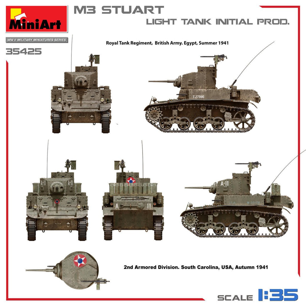 MiniArt 1:35 M3 Stuart Initial Production Plastic Model Kit - Battle Born Hobby