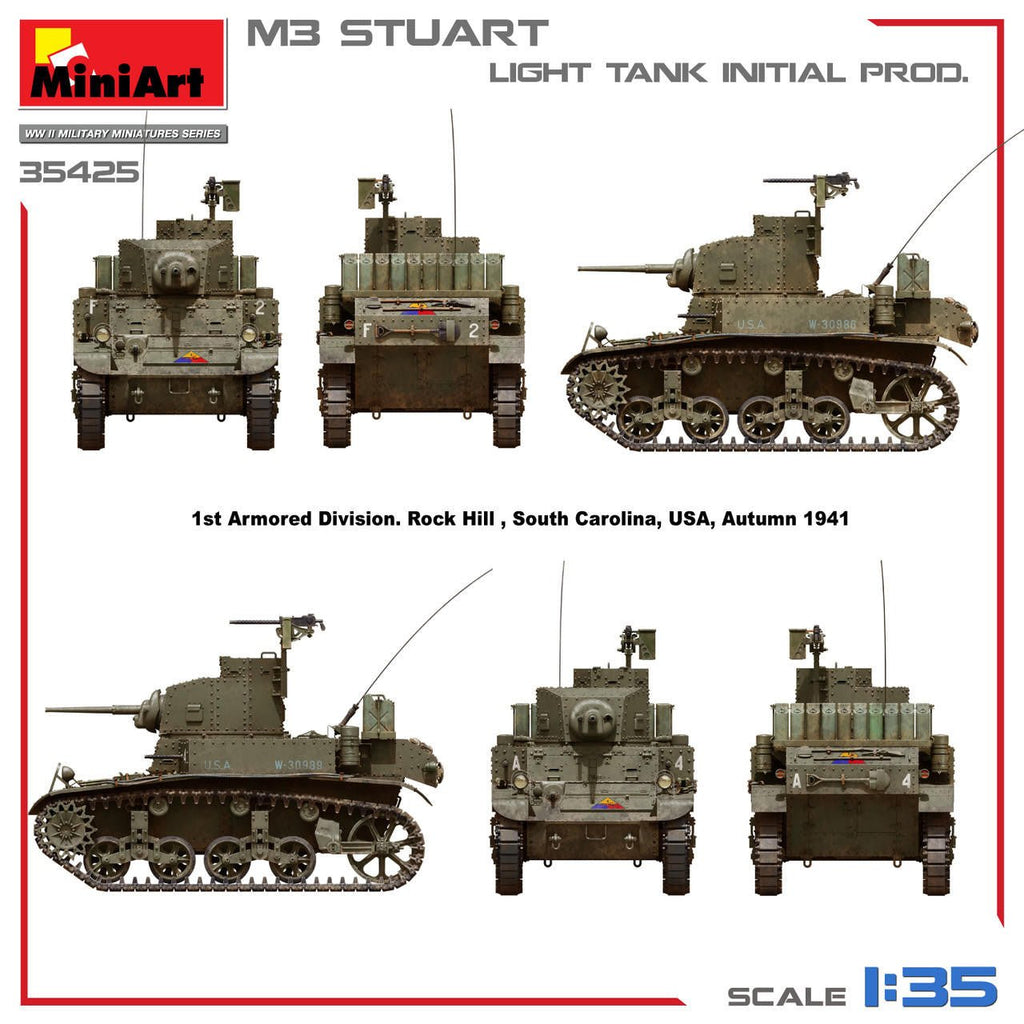 MiniArt 1:35 M3 Stuart Initial Production Plastic Model Kit - Battle Born Hobby