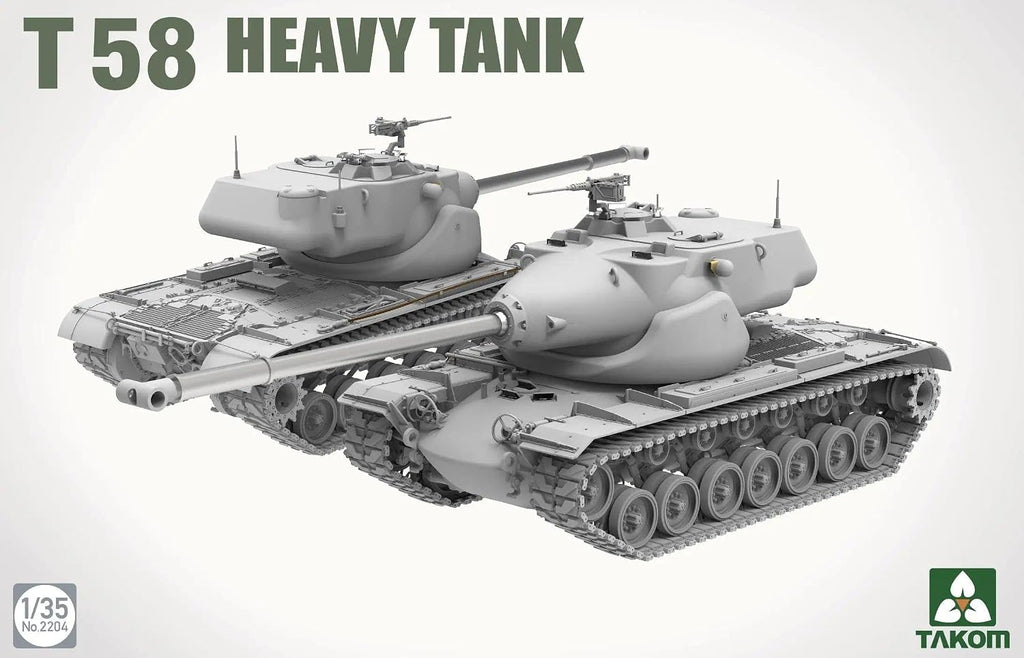 CAD render of the Takom 1/35 T58 Heavy Tank plastic model kit showing detailed hull and oscillating turret design
