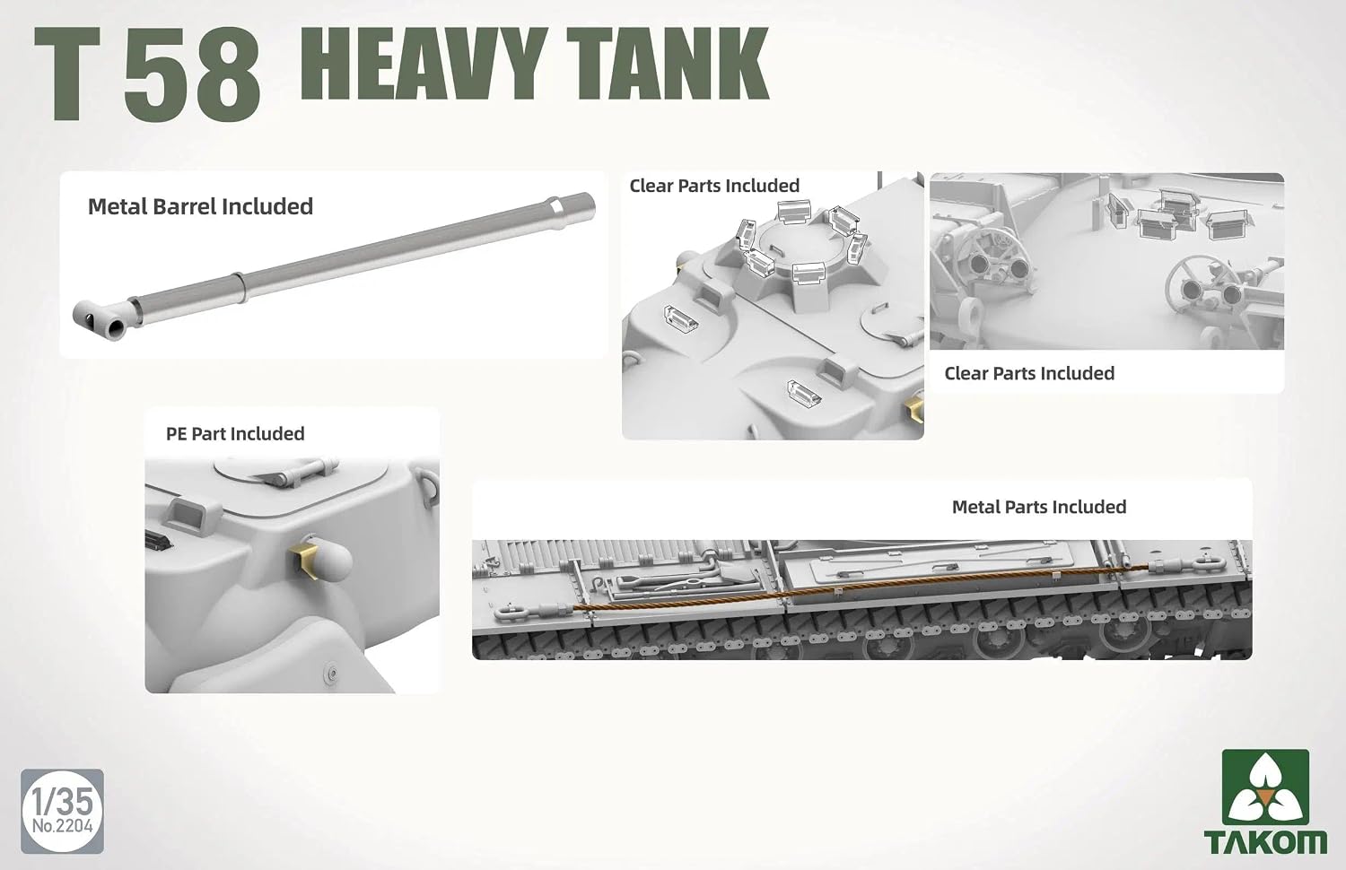 Takom 1/35 T58 Heavy Tank model kit features including metal barrel, photo-etched parts, clear parts, and metal cable