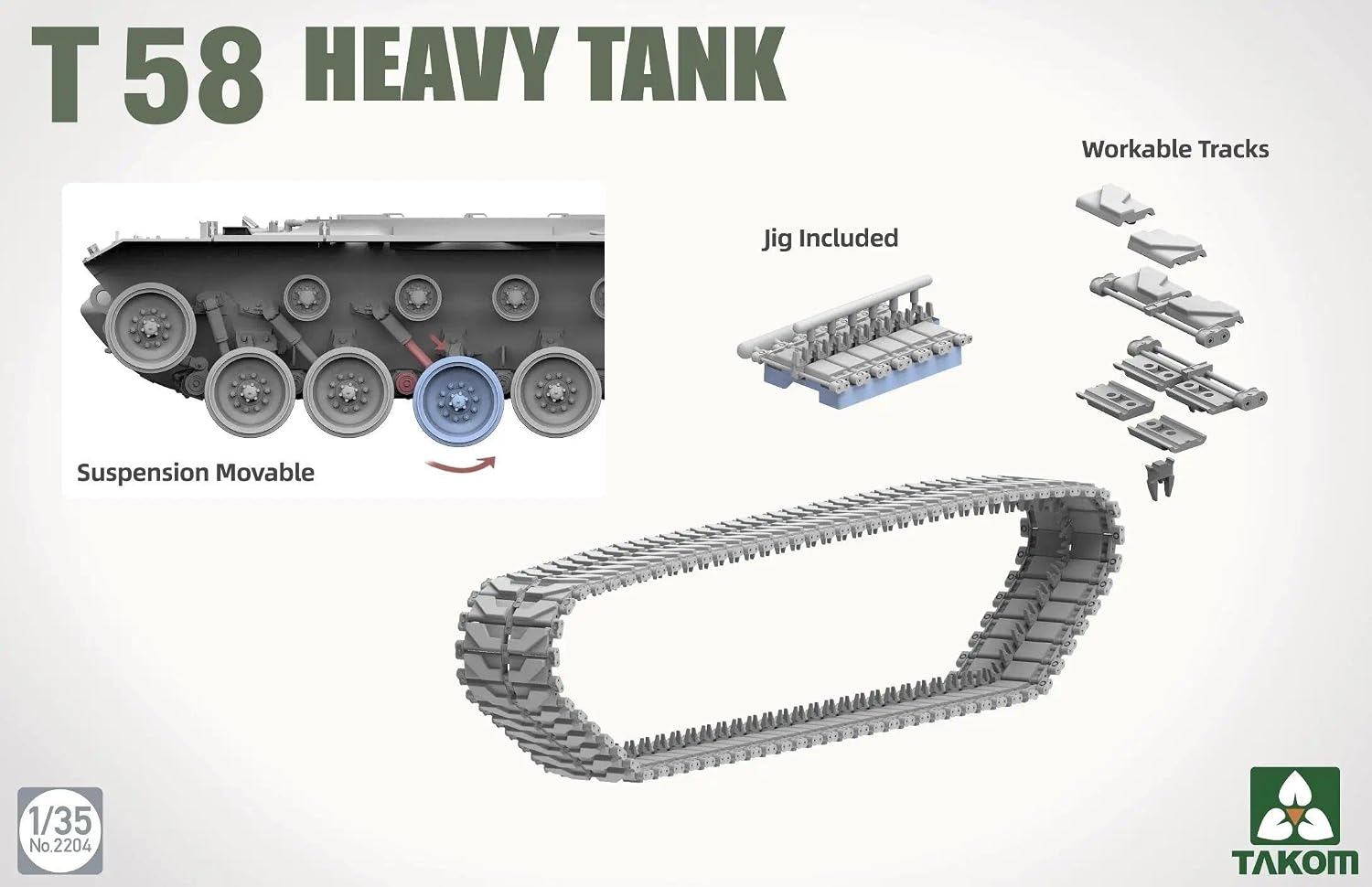 Takom 1/35 T58 Heavy Tank plastic model kit featuring workable tracks, movable suspension, and track assembly jig