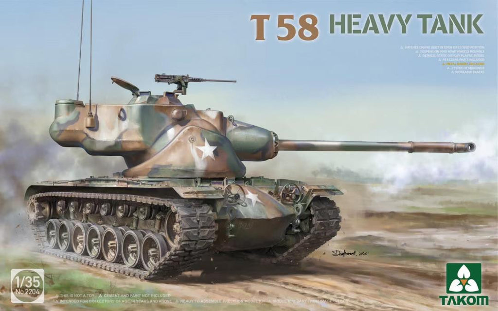 Takom 1/35 T58 Heavy Tank plastic model kit box art featuring the experimental U.S. Cold War heavy tank prototype