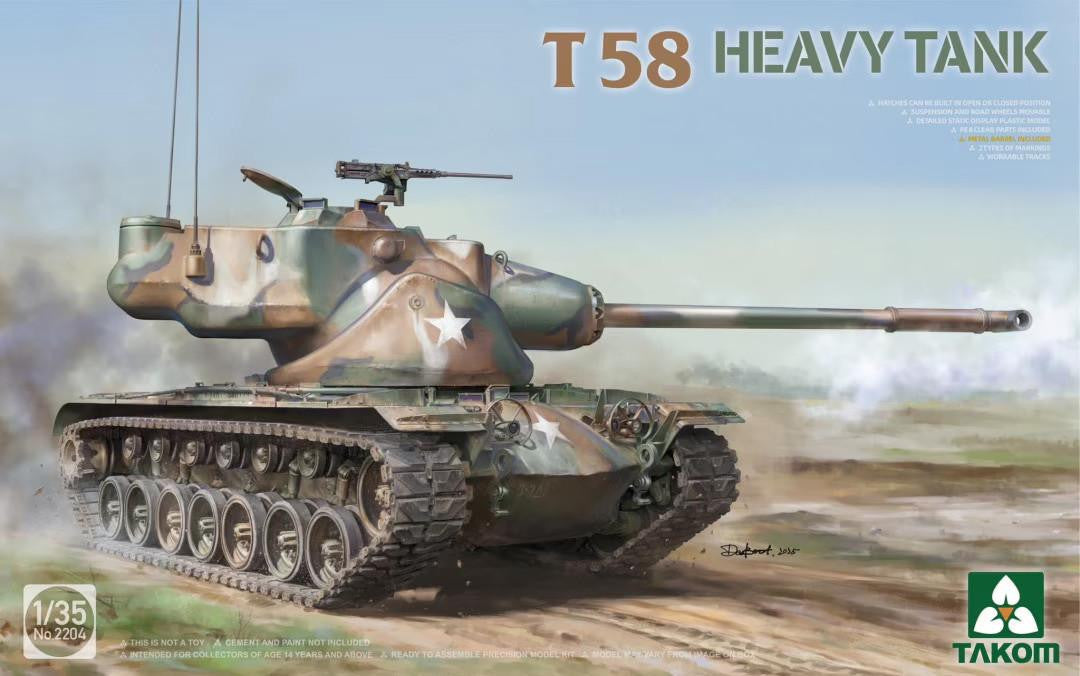 Takom 1/35 T58 Heavy Tank plastic model kit box art featuring the experimental U.S. Cold War heavy tank prototype