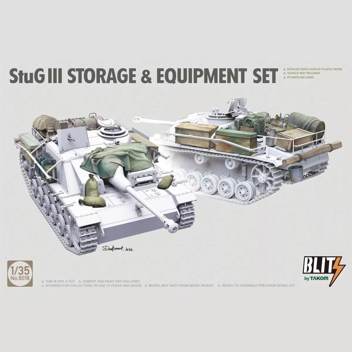 Takom Blitz 8018 StuG III Storage & Equipment Set 1/35 box art showing stowage, crates, tarps, jerry cans and sandbags on a StuG III assault gun (vehicle not included)