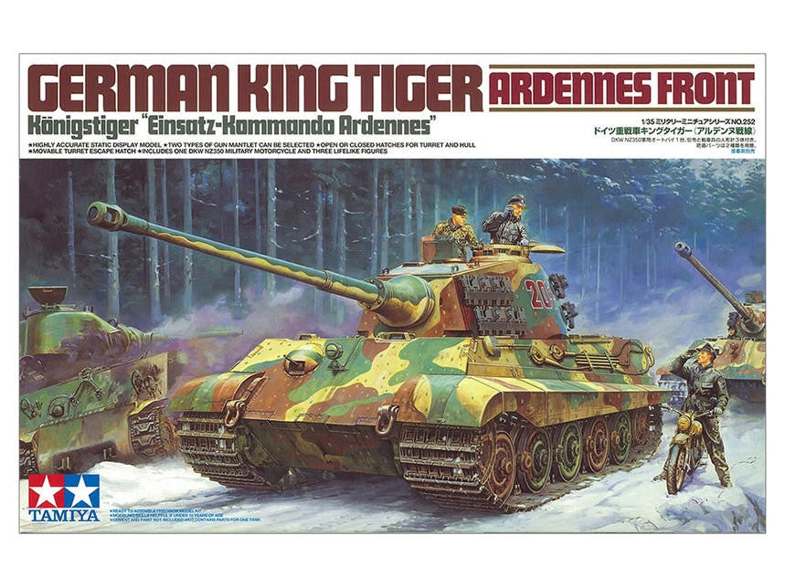 Tamiya 1/35 German King Tiger plastic model kit featuring the iconic Tiger II heavy tank with detailed WWII German armor box art.