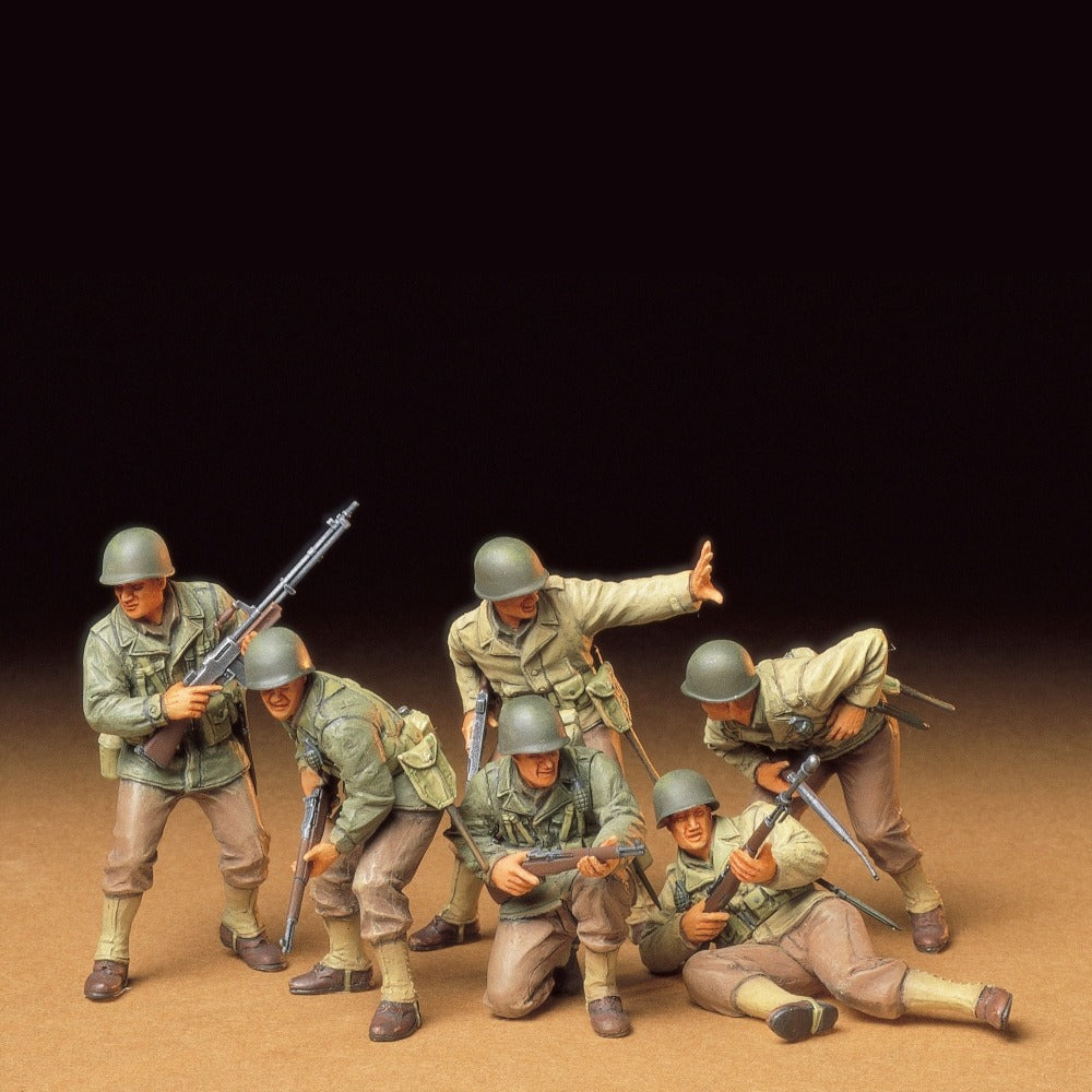 Tamiya 35192 U.S. Army Assault Infantry Set 1/35 scale WWII plastic model figures, painted soldiers with M1 Garand rifles and a BAR in assault poses