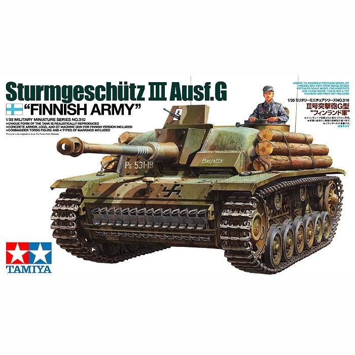 Tamiya 35310 Sturmgeschütz III Ausf. G Finnish Army 1/35 scale plastic model kit box art with log stowage and commander figure