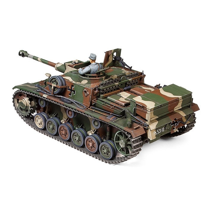 Built Tamiya 1/35 StuG III Ausf. G Finnish Army model in three-tone camouflage with commander figure, kit 35310