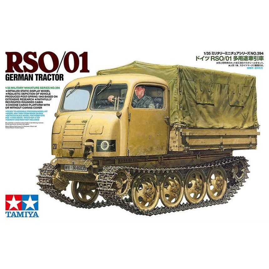 Tamiya 35394 RSO/01 German Tractor 1/35 scale plastic model kit box art with canvas-covered cargo bed and driver figure