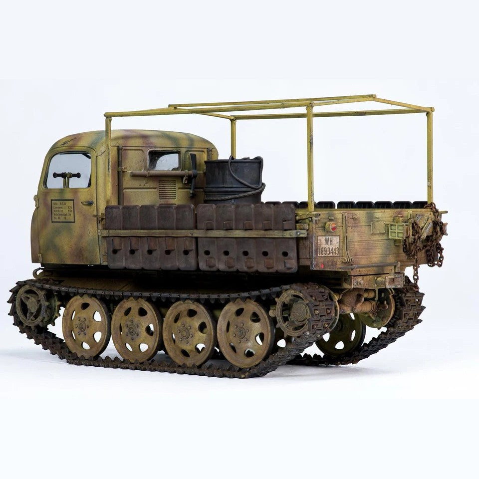 Rear view of a built Tamiya 1/35 RSO/01 German tractor with tailgate, tow chain and fuel drum stowage