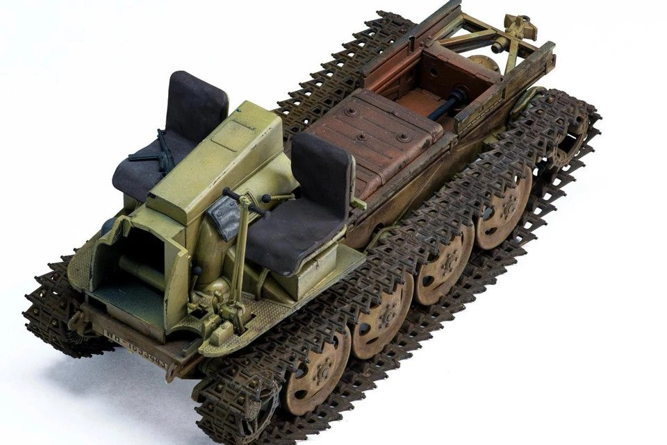 Tamiya 1/35 RSO/01 chassis with cab removed, showing driver seats, controls and cargo bed floor