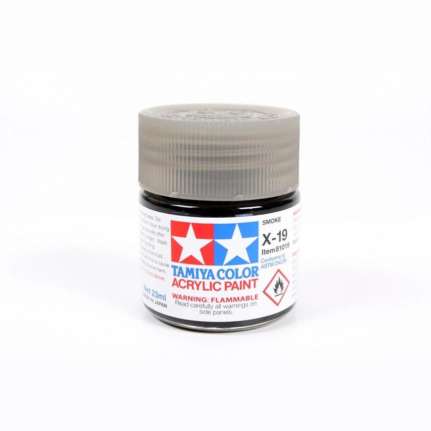 Tamiya X-19 Smoke clear acrylic paint 23ml jar, item 81019, translucent smoke tint for exhaust stains, weathering and tinted canopies on scale models