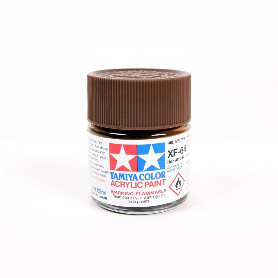 Tamiya XF-64 Red Brown flat acrylic paint 23ml jar, item 81364, for painting military scale models, armor and dioramas