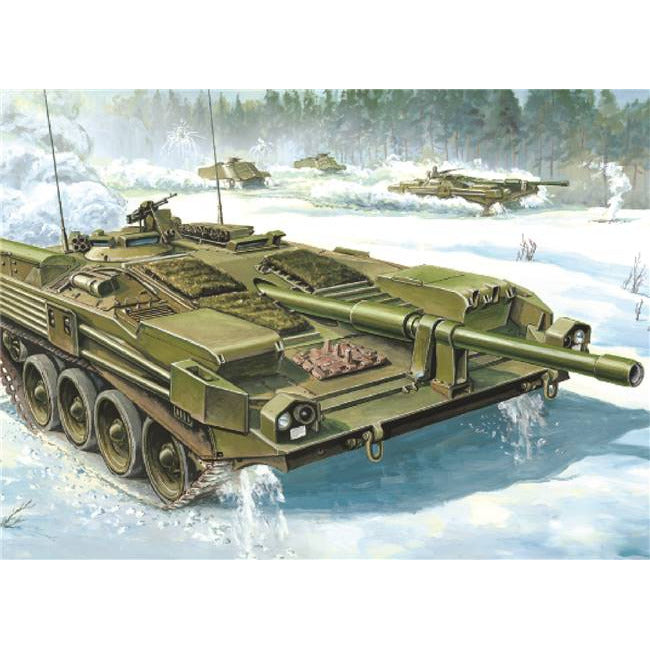 Trumpeter 1/35 Strv 103B S-Tank box art of the Swedish turretless main battle tank driving through snow.