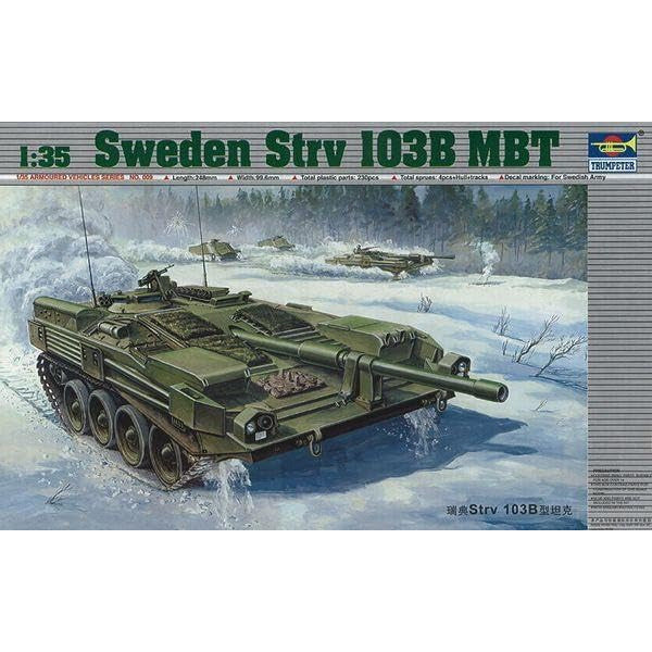 Trumpeter 00309 1/35 Sweden Strv 103B MBT model kit box showing the turretless S-Tank in winter snow.