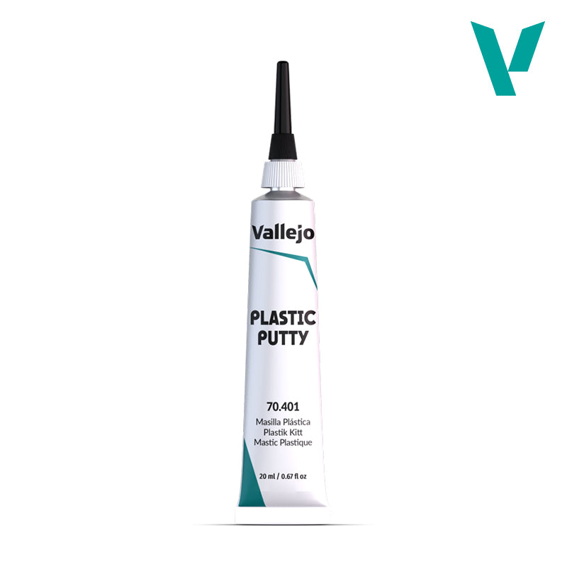 Vallejo 70.401 Plastic Putty 20 ml tube with fine dispenser tip, a water-based modeling putty for filling gaps and seams on scale models.