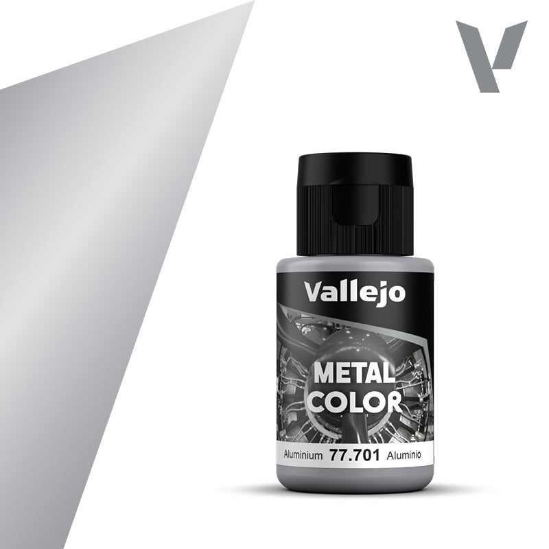 Vallejo Metal Color 77.701 Aluminium 32ml metallic acrylic paint bottle with color swatch, for natural metal finishes on scale model aircraft and armor