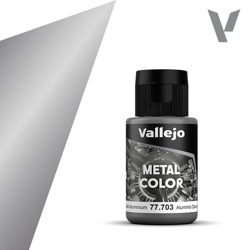 Vallejo Metal Color 77.703 Dark Aluminium 32ml metallic acrylic paint bottle with color swatch, for varied natural metal panels on scale model aircraft