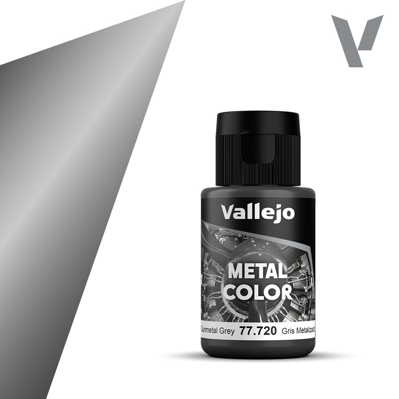 Vallejo Metal Color 77.720 Gunmetal Grey 32ml metallic acrylic paint bottle with color swatch, for gun barrels, engines and dark metal finishes on scale models