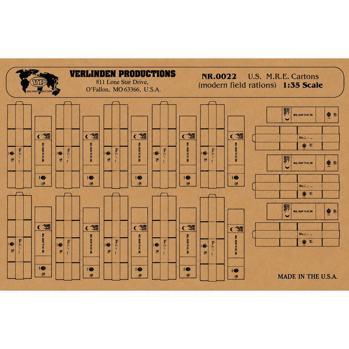 Verlinden Productions NR.0022 1/35 scale U.S. M.R.E. cartons sheet with printed fold-up modern field ration boxes for military dioramas.
