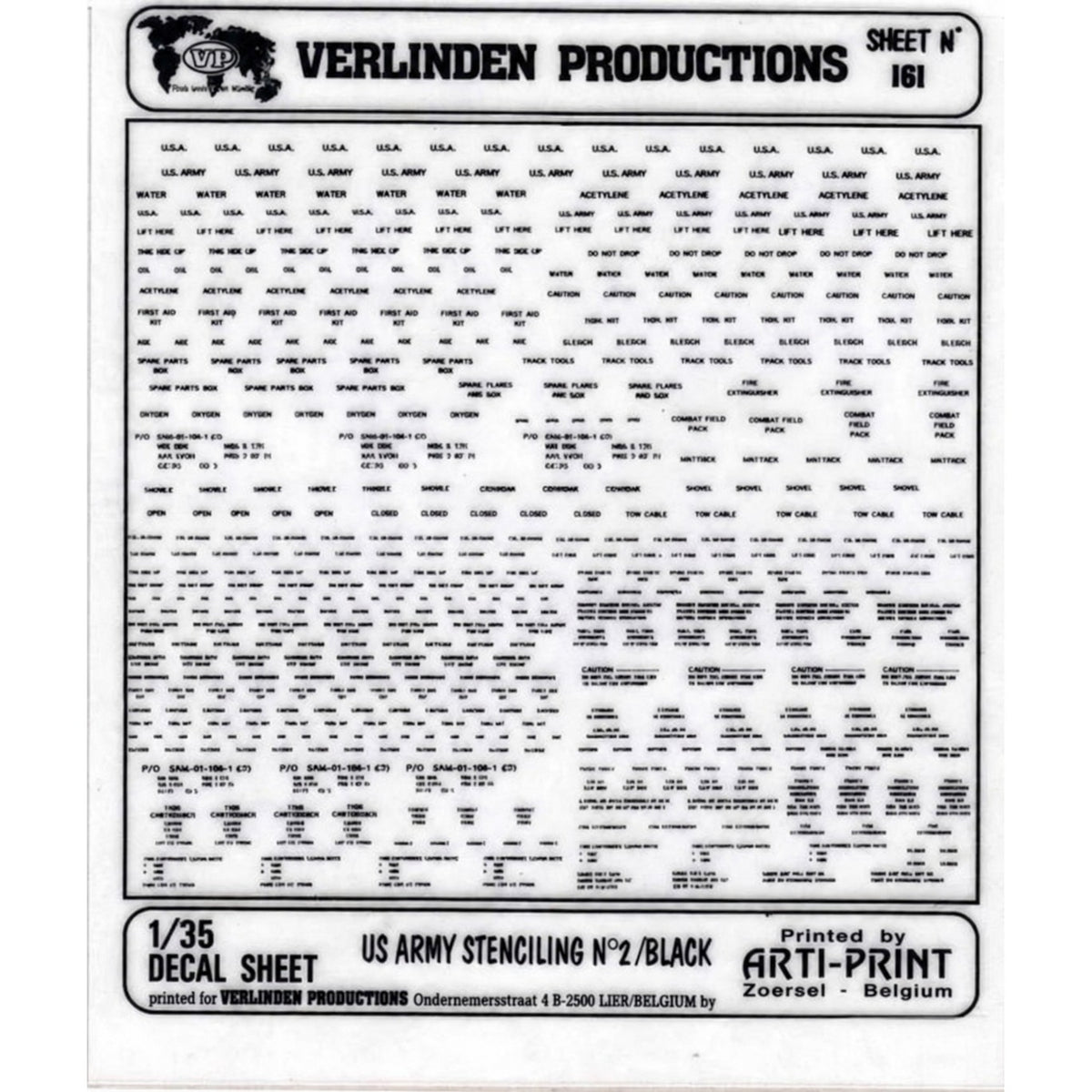 Verlinden Productions Sheet No. 161 1/35 scale US Army Stenciling No. 2 in black, with U.S. Army, Lift Here, Caution and equipment markings.