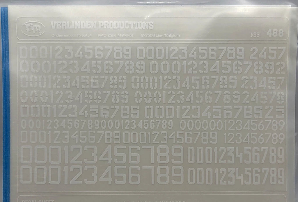 Verlinden 1:35 Soviet Vehicle Numbers White dry transfer decal sheet No. 488, photographed in protective packaging