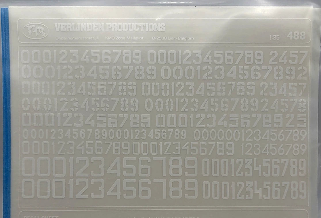 Verlinden 1:35 Soviet Vehicle Numbers White dry transfer decal sheet No. 488, photographed in protective packaging
