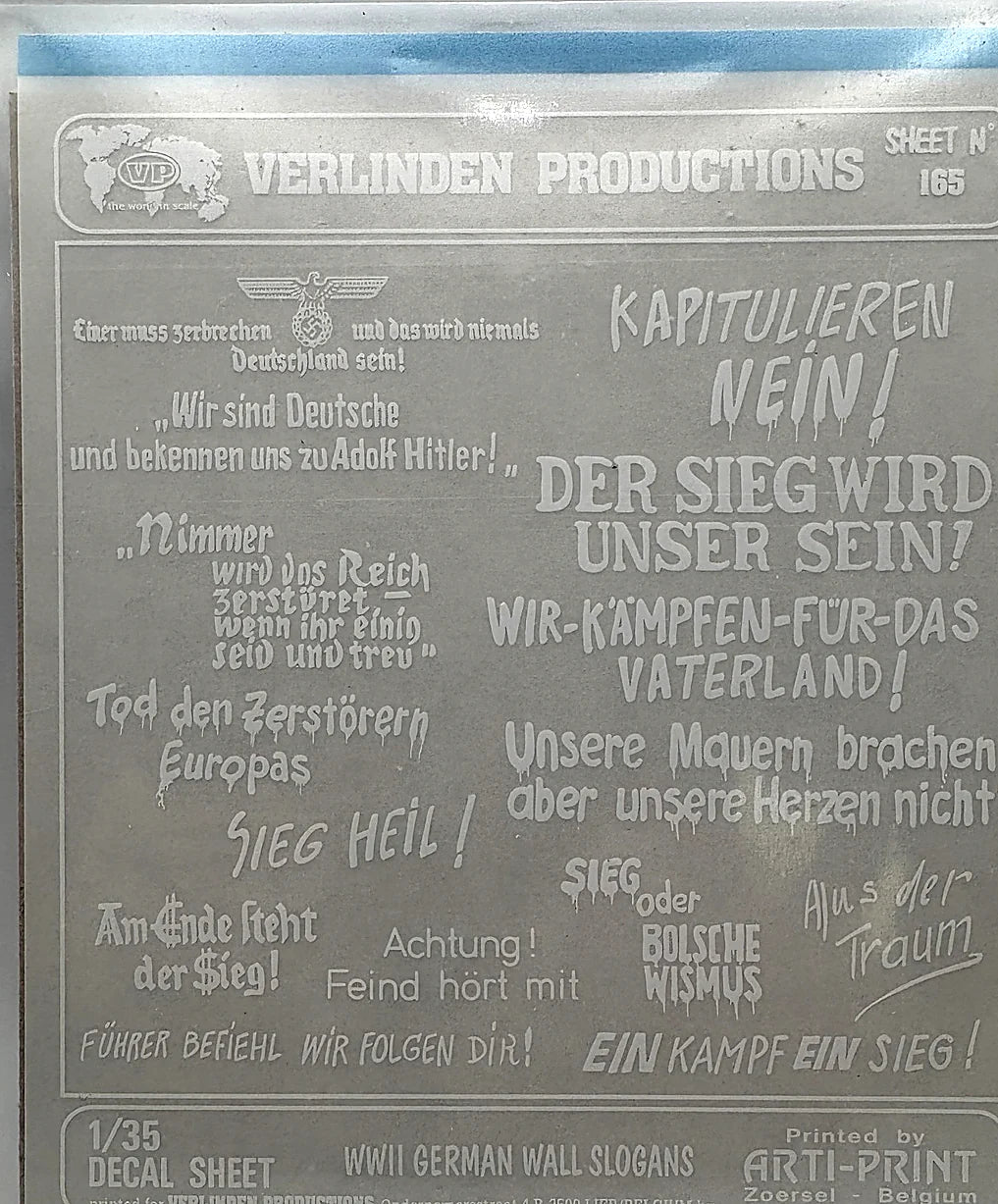Verlinden 1:35 WWII German Wall Slogans decal sheet No. 165, photographed in protective packaging